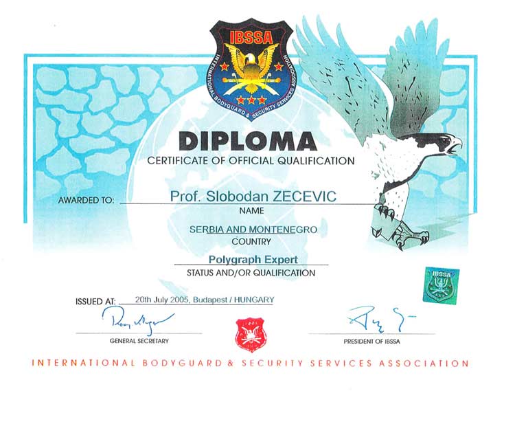 DIPLOMA - Prof. Slobodan Zečević Poligraf Ekspert
